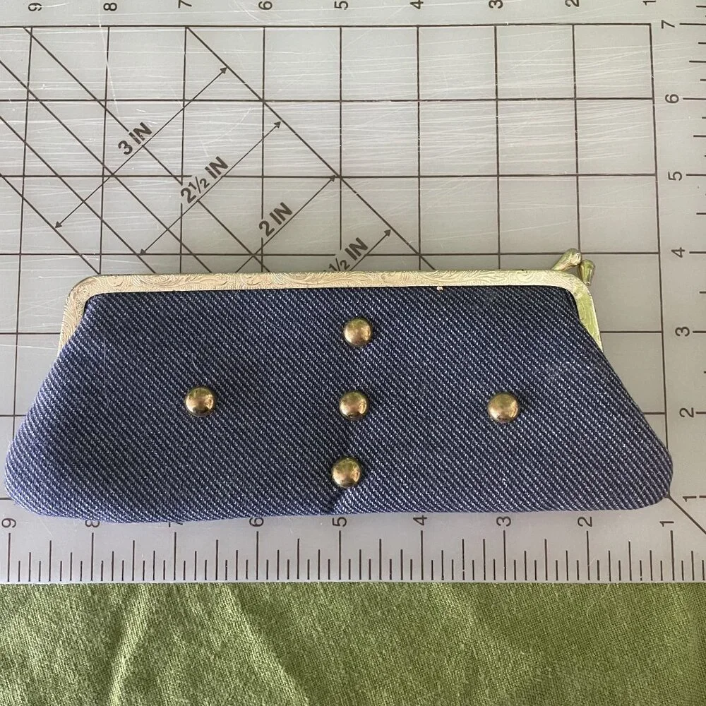 70s Vintage Navy Blue Denim & Gold Kisslock Eyeglass Case With Brass Studs